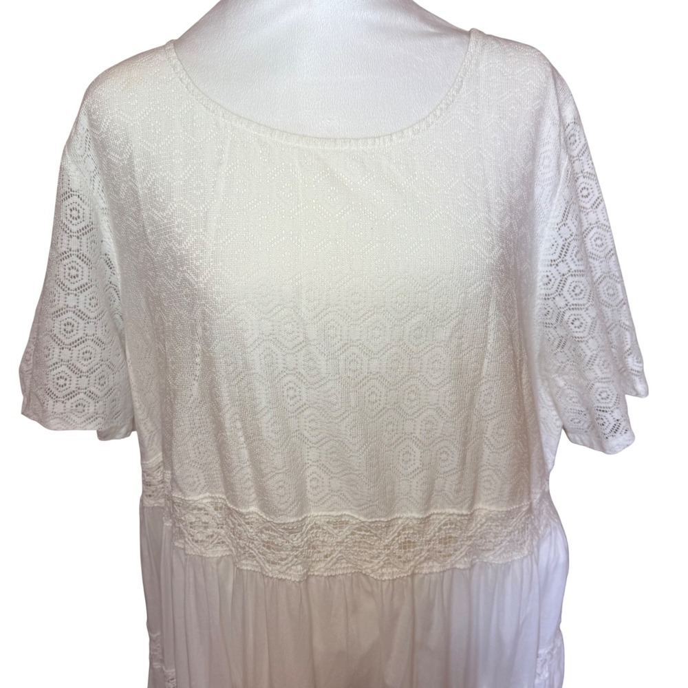Womens White‎ Lace Tiered Boho Midi Dress Short Sleeve Cotton Blend Plus Size